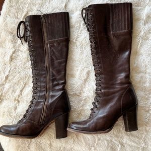 Frye Julia lace up dark brown espresso leather riding boots